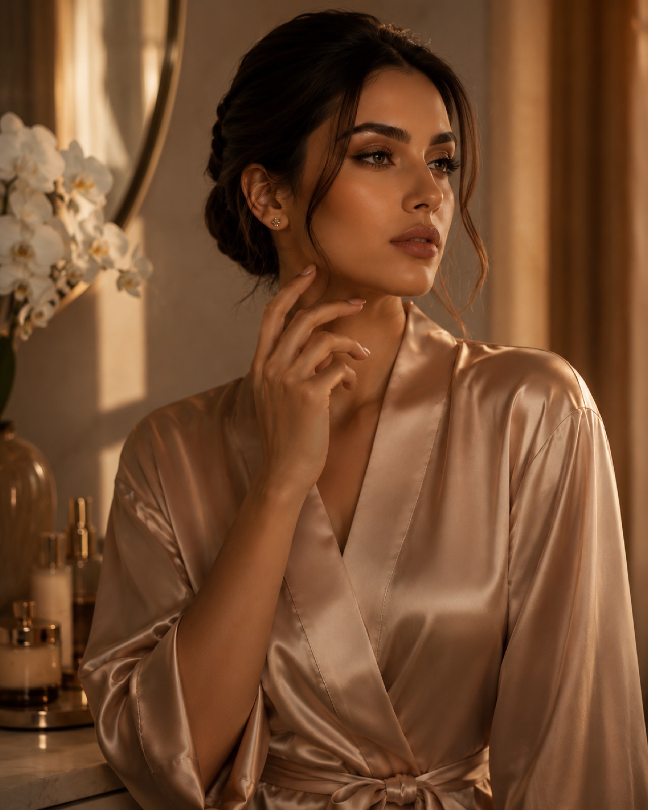 A woman in a champagne silk robe at her vanity, bathed in golden light at OPAL Beauty